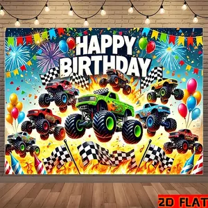 1pc Photography Backdrop Monster Truck Theme with Happy Birthday Text Balloons Flames Checkered Racing Design High Definition Print Wrinkle Resistant Polyester Fabric No Helium Needed for Boys Birthday Party Indoor Outdoor Celebration Photo Booth