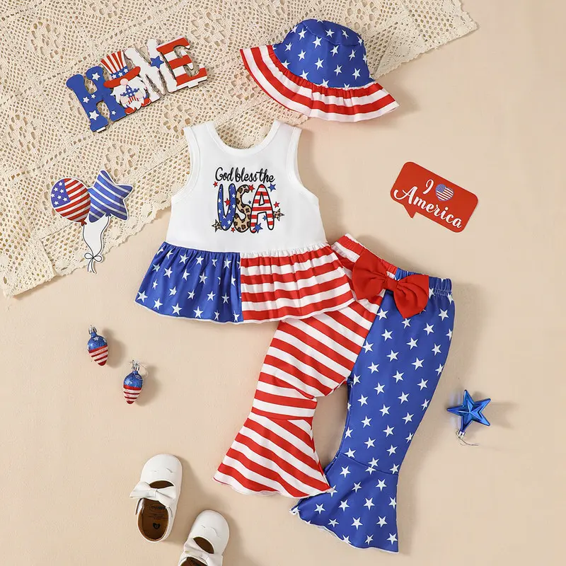 Ready Stock 4th of July 3-Piece Clothes For 6m-3y Baby Girls Letter Star & Stripe Tank, Flared Pants & Sun Hat Set 22503091