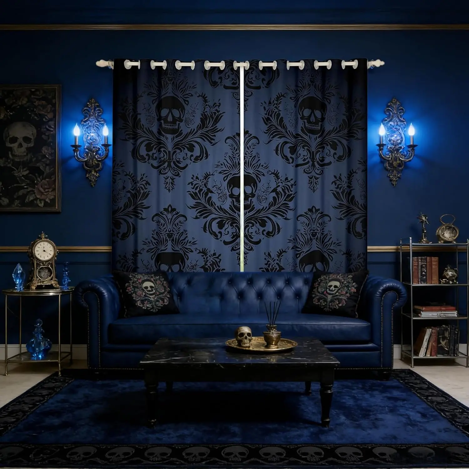 Gothic Skull Curtain,Antique Victorian Baroque Boho Blackout Window Drapes,Gray Blue Damask Lace Floral Print Window Treatment Curtains for Living Room