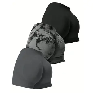 3pcs Combination Bag High Waist Tummy Control Seamless Shorts Set, Fitness Yoga Butt Lifting Workout Shorts, Fashion Basic Solid Color And Tie Dye Sportswear Gym Leggings Gymclothes