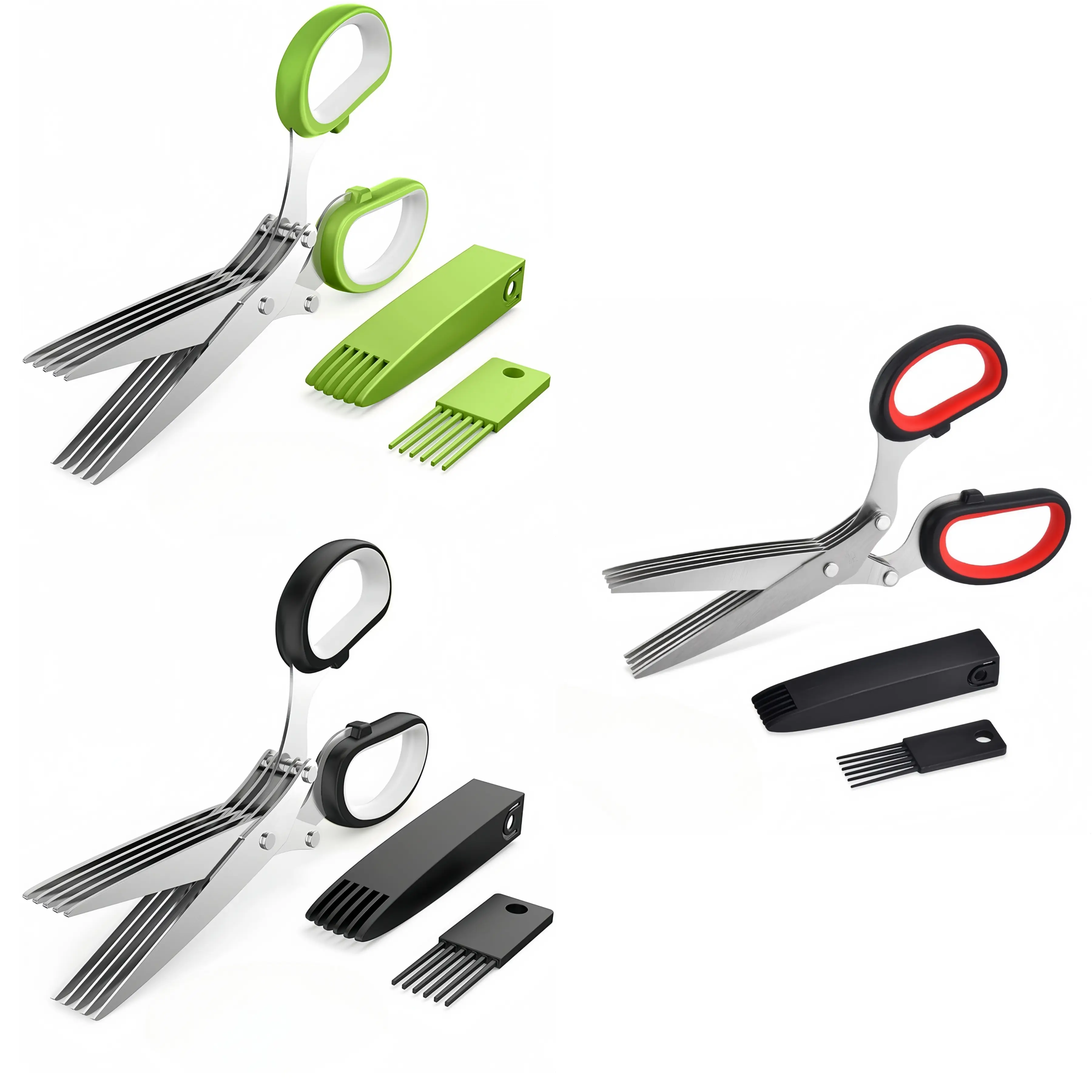 Herb Scissors - 5-Layer Stainless Steel Kitchen Scissors with Safety Cover & Cleaning Comb, TPR Non-Slip Handle, Heavy-Duty Steel Construction - Metal