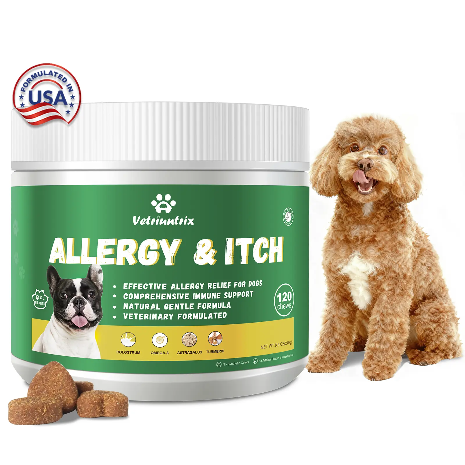 Vetriuntrix Dog Allergy Chews, Dog Itch Relief Chews for Paw Licking Itchy Skin Seasonal Allergies, Probiotics with Omega-3 Turmeric Astragalus for Large Dogs Coat Immune Supplement