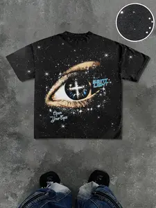 Men's Casual Streetwear Short Sleeve Round Neck T-Shirt, Menswear Graphic Saint Eye Print + Shiny Star Points, Silver Color Fabric, Comfortable Fit, All Seasons Wear