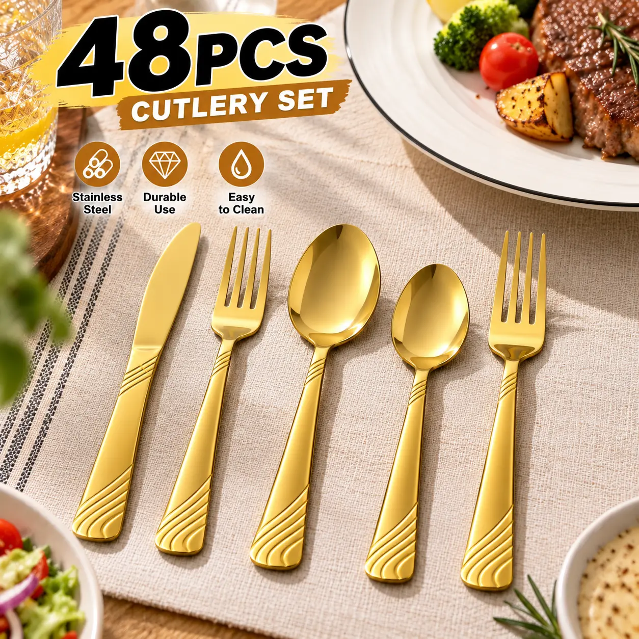 LOCCI 48-Piece Stainless Steel Silverware Set for 4 - Durable Tableware, Dinner Utensil Set, Modern Ribbed Handle Forks Spoons Knives, Mirror-Polished Rustproof Dishwasher Safe Cutlery