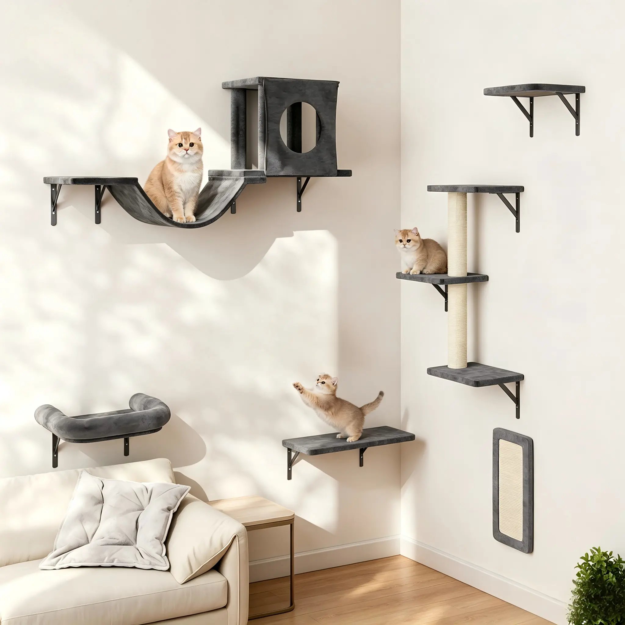 Bifanuo 6-Piece Deluxe Wall Mounted Cat Climbing Shelf Set, Indoor Cat Furniture, Includes Cat Condo,Cat Wall Shelves, Cat Scratching Post, Cat Bridge Ladder, Cat Tunnel, Suitable for Cats of All Sizes