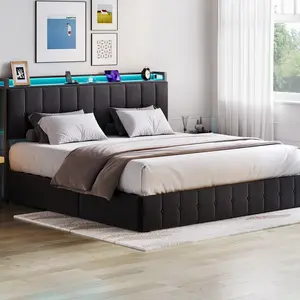 🛏️ Upholstered Bed Frame with Lift-Up Storage & LED Lights – Power Outlets, Hydraulic Support, Sturdy Wooden Slats, Metal Platform – Noise-Free! ✨, King Size Bed Frame