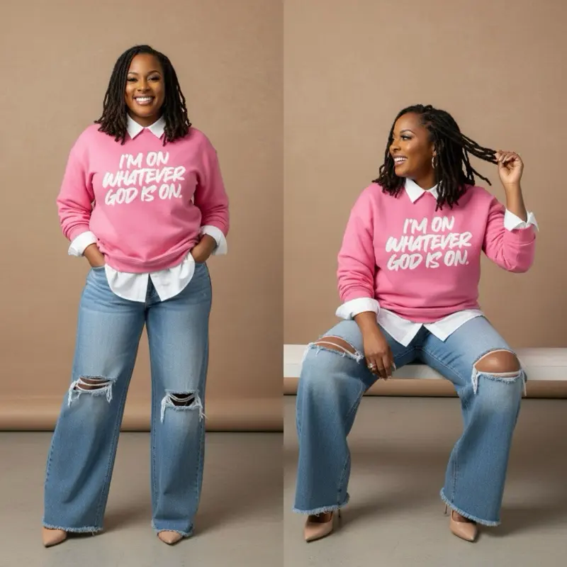 Women's Casual Blush Pink Cotton-Blend Crewneck Sweatshirt - Christian Faithwear, Women's Fashion, Blessed Text Graphic "I'M ON WHATEVER GOD IS ON", Flattering Fit, Content Creation, Hoodie, Lady