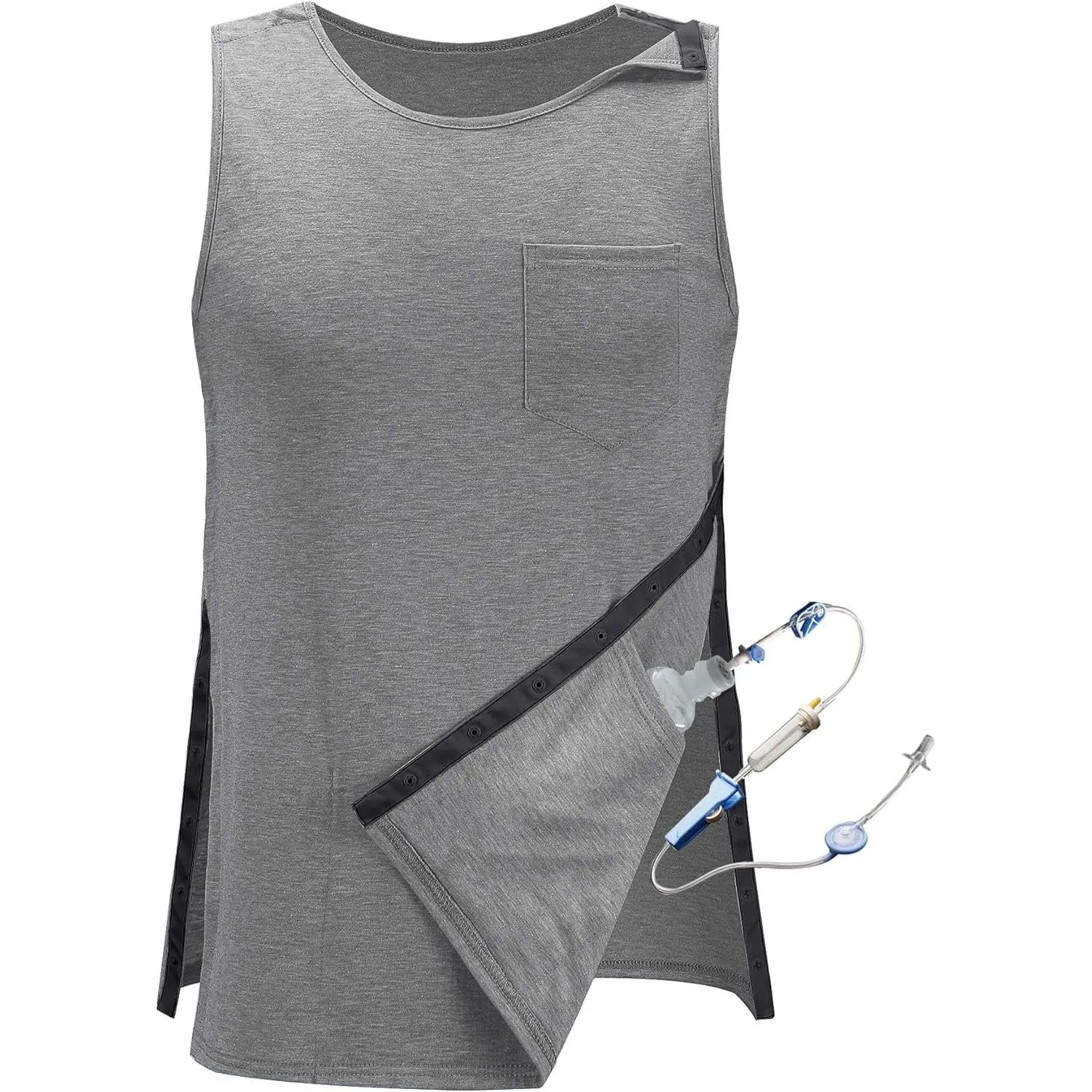 iWoo Men's Post Surgery Tank Tops - Menswear Cotton Clothes with Shoulder Tearaway Snaps, Button-Up Design for Mastectomy, Rotator Cuff Recovery; Fabric Pockets Included