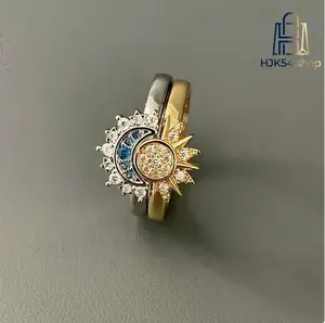 2Pcs Stackable Sun Moon Ring Set Two Tone Inlaid Blue White Crystal Split Band Dainty Open Adjustable Rings for Women Daily Party Wedding Jewelry Gift