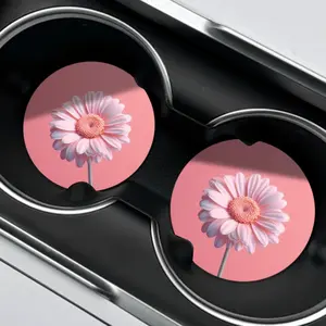 2-piece set of romantic pink daisy print car coasters, suitable for office/home/car use, ideal for daily commuting, dating, driving, and travel. A perfect gift for your girlfriend or for Valentine's Day, enhancing a comfortable driving experience.