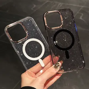 Luxury Electroplating Glitter Magsafe Wireless Charging Phone Case for IPhone 12 13 14 15 16 Pro Max Plus Magnetic Clear Shiny Shockproof Drop-Proof Protective Cover