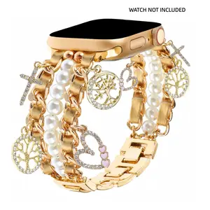 Pearl bead bracelet compatible with Apple Watch strap 38 40 4142mm (10/11) 44/45/46/49mm, Smart watch straps, jewelry wristband metal Cuban chain strap with heart pendant, suitable for iWatch series 11 10 9 8 7 6 5 4 3 SE Ultra women's wristband