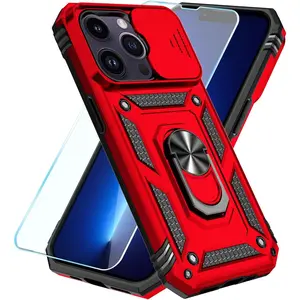Compatible with iPhone 13 Pro Case with HD Screen Protector & Slide Camera Cover & Rotated Ring Kickstand, [Military-Grade] Phone Case for iPhone 13 Pro 6.1"(Red)