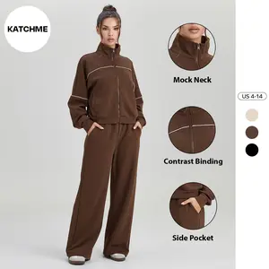 KatchMe Women's Sporty Mock Neck Contrast Binding Long Sleeve Sweatshirt & Wide Leg Trousers Tracksuit, Chic Zipper Two Piece Co-ord Set