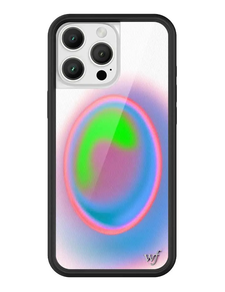 Aura | Limited Edition Trendy iPhone Case | Raised Protective Black Bumper | Women Owned Small Business | White Background Ombre Blue Pink Purple Green Vibrant Bubble Aura Aesthetic Design | Gift for Her