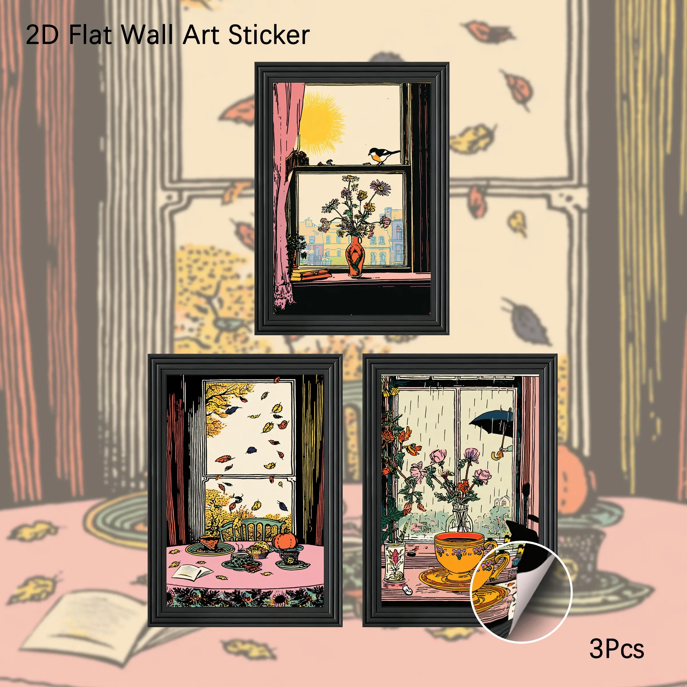 2D Flat Wall Art Sticker, 3Pcs PVC Self-Adhesive Framed Wallpaper, Retro Cartoon Window View & Cozy Tea Time Illustration Wall Decals, Aesthetic Whimsical Autumn Scene Art Decor for Living Room, Bedroom, Perfect Gift for Art Lovers, Cottagecore Fans
