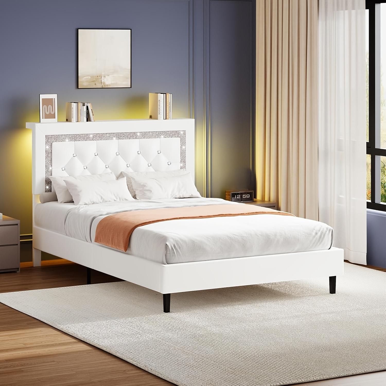 [SummerWins] HOMBCK Twin Full Queen King Size Bed Frame with Storage Headboard | Diamond Tufted, LED Lights, Wooden Slats Support, Noise Free, No Box Spring Needed, Easy Assembly, Black, Powered summer garden#home essentials#back to school