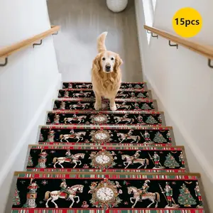 15pc Christmas Theme Stair Mats, Holiday Decor Non-Slip Pads, Nutcracker Soldier Pattern, Festive Clock Design, Home Decoration