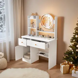 Round mirror small dressing table with LED lights (three-color adjustable), with drawers and shelves, suitable for girls' bedrooms and small spaces, modern white vanity table