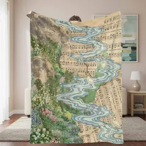 Vintage Moon and River Flannel Throw Blanket - Artistic Floral, Music Sheet Print, Flower, Boho, Art Graphic, Botanical Blankets - Ultra Soft, Cozy, Warm, Breathable, Lightweight - Ideal for Bedroom Decor, Sofa Lounging, Holiday Gifting, Flower Blankets