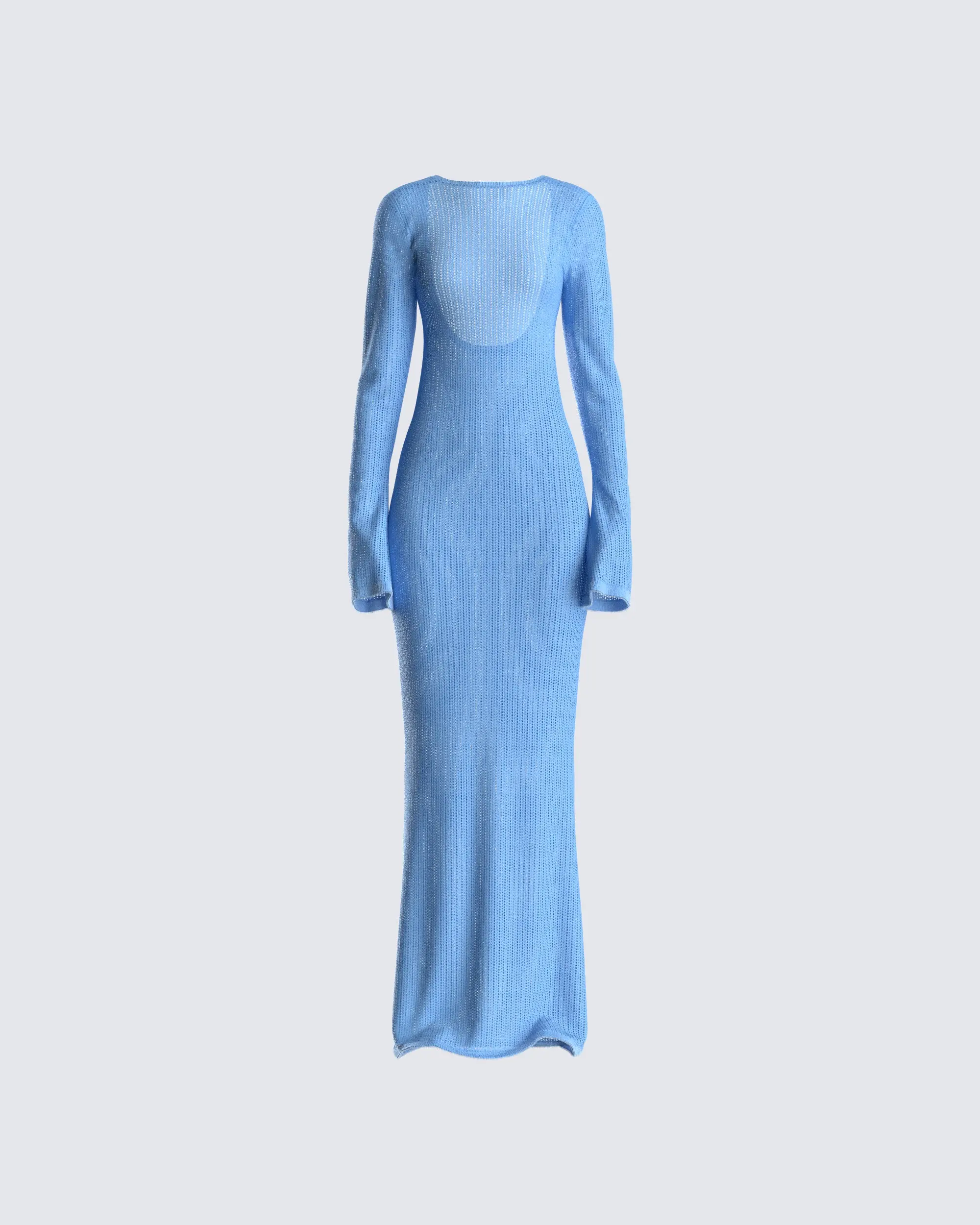 Women's Crochet Knit Sweater Dress - Elegant Deep Blue Casual Maxi with Long Flared Sleeves and a Scoop Back, One Piece