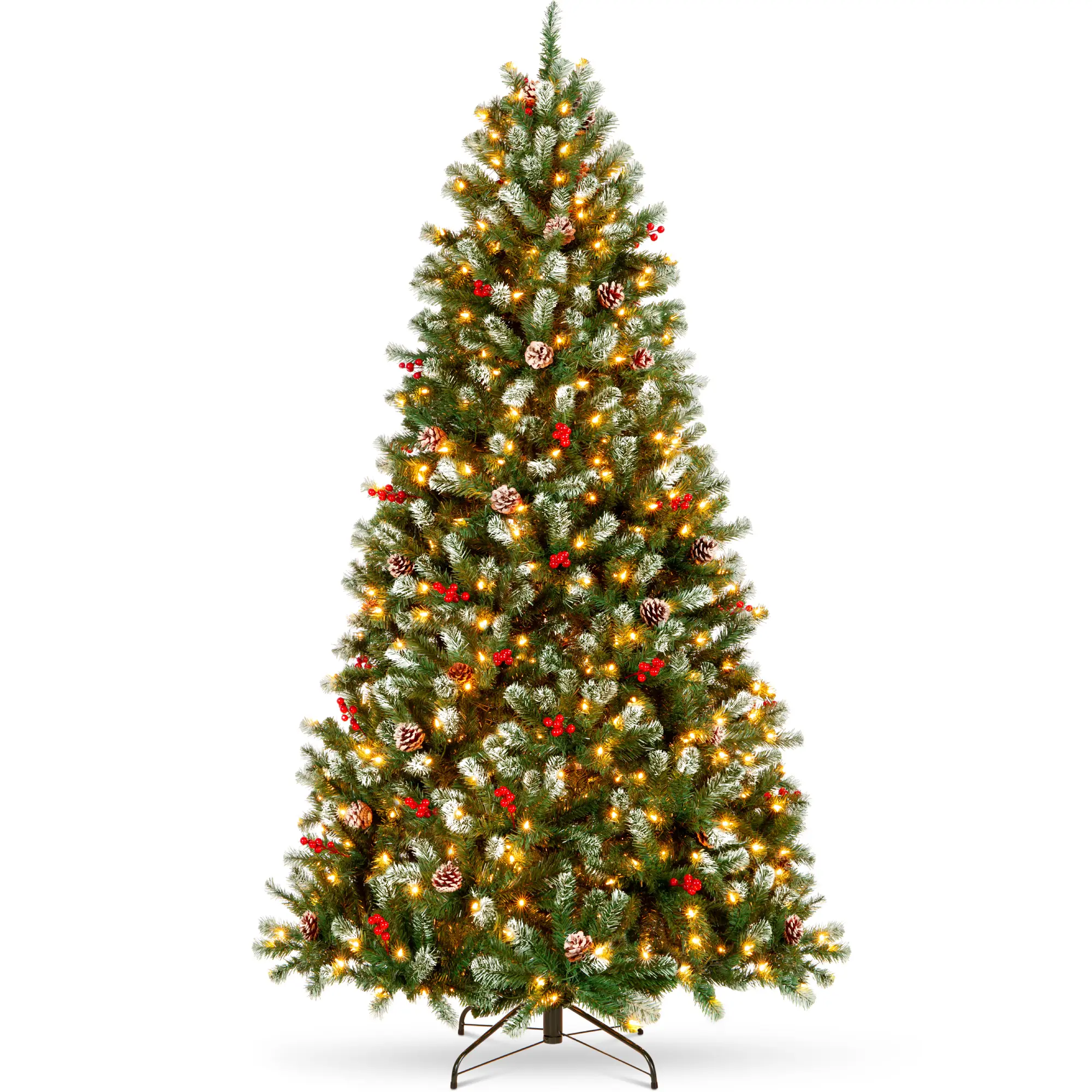 Best Choice Products Pre-Lit Frosted Christmas Tree, Twinkling LEDs, Pinecones, Berries, Metal Base