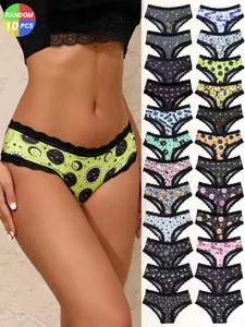 10-Pack Women's Random Print Panties Blind Box! Sexy Low Waist Lace Briefs Soft & Stretchy Underwear Lace Trim Knickers