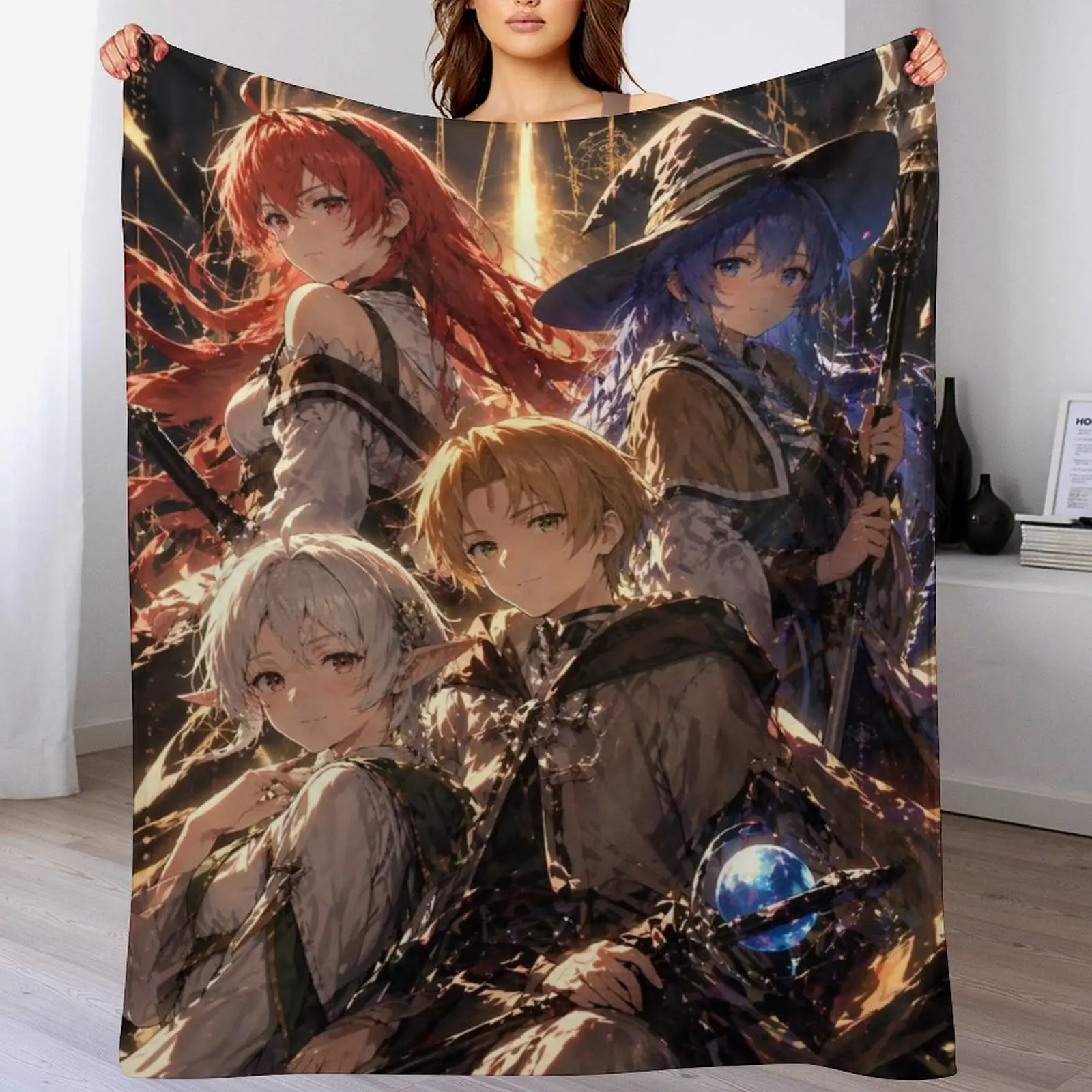 Mushoku Tensei Main Party Flannel Throw Blanket, Fantasy Mage & Elf Print Fleece Blanket, Cozy Warm Blanket for Anime Fans Bedroom Couch