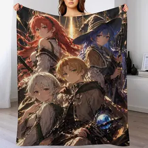 Mushoku Tensei Main Party Flannel Throw Blanket, Fantasy Mage & Elf Print Fleece Blanket, Cozy Warm Blanket for Anime Fans Bedroom Couch