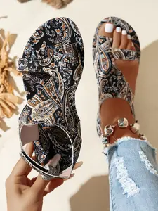 Boho Cashew Flower Open Toe Sandals, Beach Vacation Roman Shoes, Stylish Footwear for Summer, Comfortable and Trendy Design