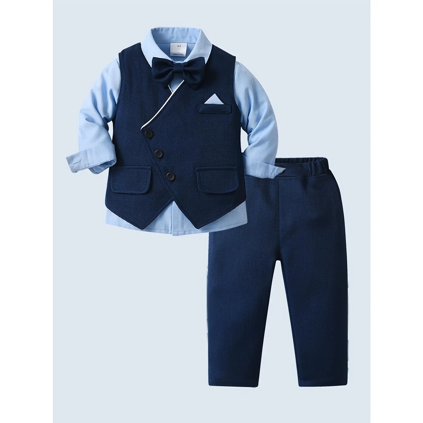 Boys' 4-Piece Preppy Suit Set, Solid Color Gentleman Outfit with Vest and Bowtie for Baby Boys, Festive Wedding and Holiday Occasions, 4-Piece Boys' Suits, Tuxedo Boys' Suits