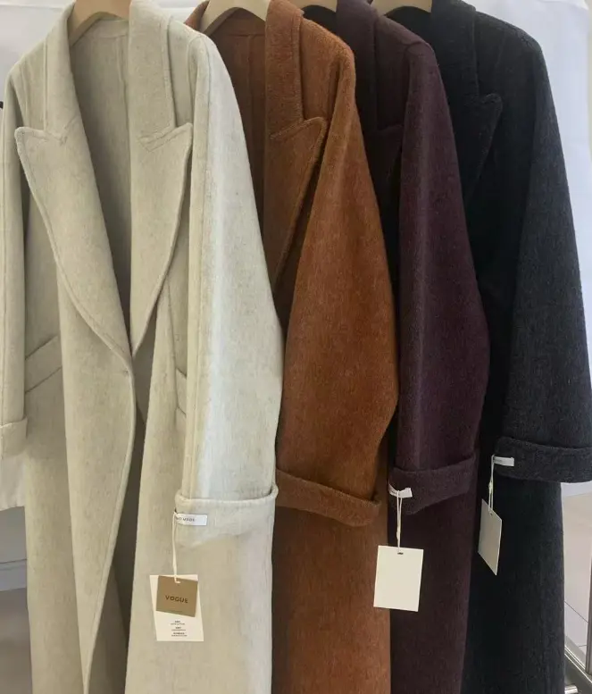 【CC8830】 Elegant Long Wrap Coat in 100% Merino Wool, Collared Long Sleeve Outerwear with an Adjustable Waist Belt, Jackets, Belt Tie, Solid Plain, Wrap Cut, Tops