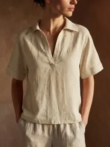 Women's Artificial Linen Ruched Shirt, Collared V Neck Short Sleeve Loose Top, Summer Beach Casual Boho Office Workwear