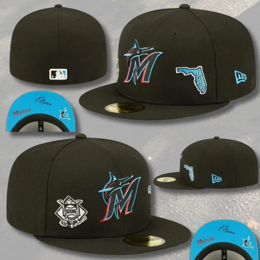 New Era Miami Marlins 59FIFTY Fitted Baseball Cap – Black Flat Bill Hat with Multicolor Marlins Logo, Florida 1993 Side Patch, Light Blue Undervisor & MLB Streetwear Style