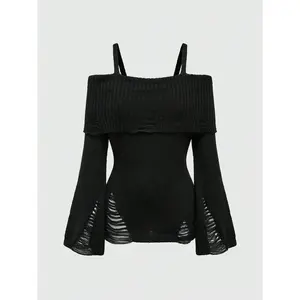 Women's cold shoulder torn sweater Gothic punk long sleeved fitted pullover sweaterRAIMENTRY