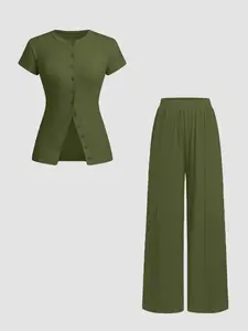 Women's Solid Color Fitted Knit Button Front Top & Wide Leg Pants, Casual Two-piece Set for Daily Wear, Ladies Clothes for All Seasons