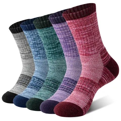 Women's & Men's 5-Pair Merino Wool Thigh High Socks - Basic Fashion Thigh-High Elastic Knit, Compression Support, Sweat-Absorbing, Breathable, Thick Cushion, Work & Thanksgiving Party Gift Socks