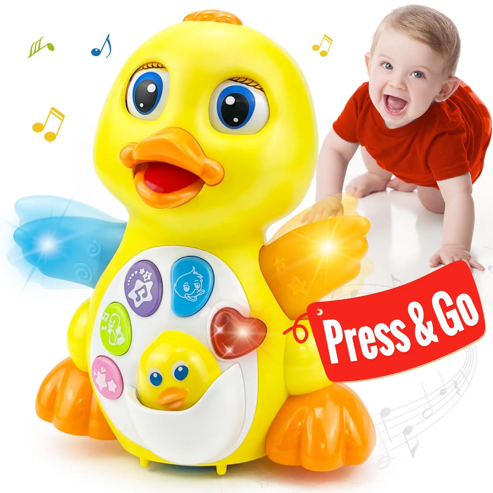 HOLA Multifunction Crawling Duck Musical Toys, Interactive Tummy Time Baby Toy with Music Lights and Motor Activities one Year Old Toys, Infant Toddle