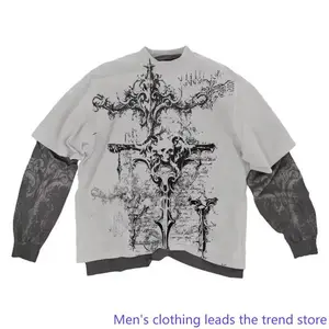 Men’s 2000s American skull pattern long-sleeve T-shirt, fashion round neck, oversized casual gothic clothing top for daily wear