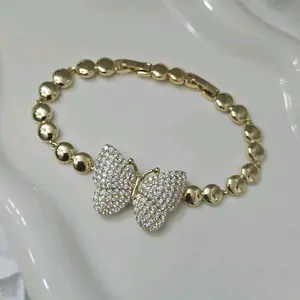 Elegant Gold Bracelet with Big Rhinestone Butterfly Design 7.5 Inches High-Quality Laminated for Daily Wear