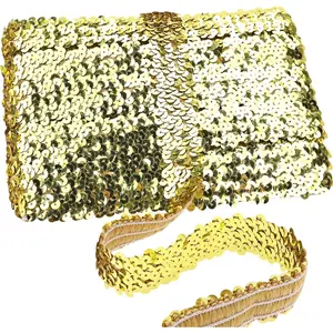 Gold Elastic Sequin Ribbon Trim 10 Yards Flat Glitter Stretch Ribbon for Dance Dress Embellish Headband Supplies (Gold)