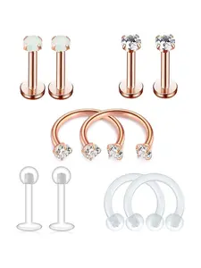Trendy 10 Pcs Rose Golden Piercing Set for Women Men Stunning Opal Shiny CZ Stones Stainless Steel Cartilage Studs Cute Horseshoe Hoop Nose Rings Lightweight Comfortable Aesthetic Body Jewelry for Everyday Party Wear