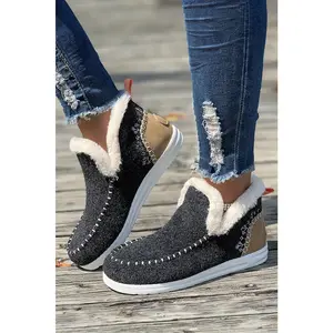 Carbon Grey Suede Stitching Patchwork Plush Lined Anklet Boots