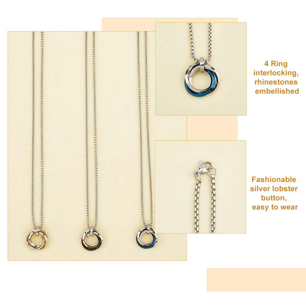 Three ring interlocking pendant necklace set with small rhinestones made of titanium steel colorfast simple and exquisite suitable for both men and women