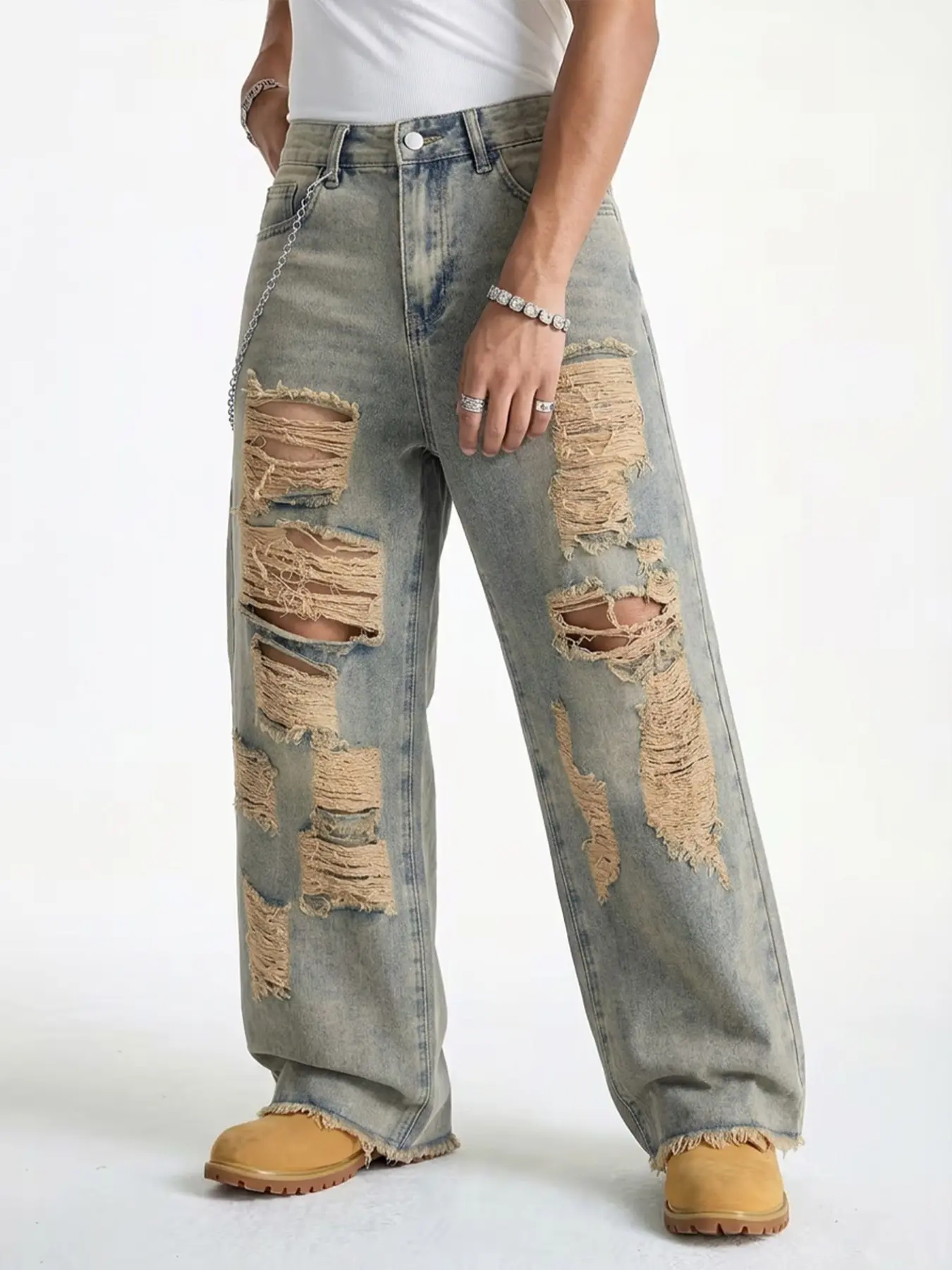Four-season ripped jeans, Ripped distressed jean, Men's loose straight-leg Ripped Denim jeans Washed Raw Hem, Multiple layers of ripped holes and frayed edges, Y2K rock Streetwear pants, Festival and concert outfits, Street Style Ripped Jeans