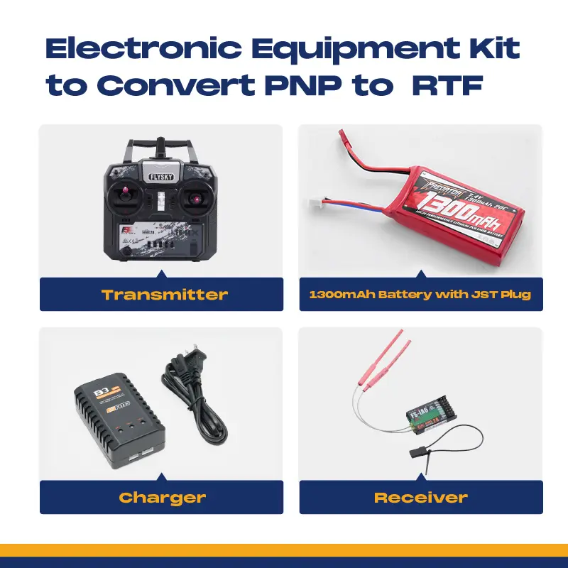 FMS Hobby PNP to RTF Conversion Electronic Equipment Kit for 800mm T-28 RC Toys - 1300mAh JST Plug Battery, Charger, Transmitter, Receiver, Includes Cells