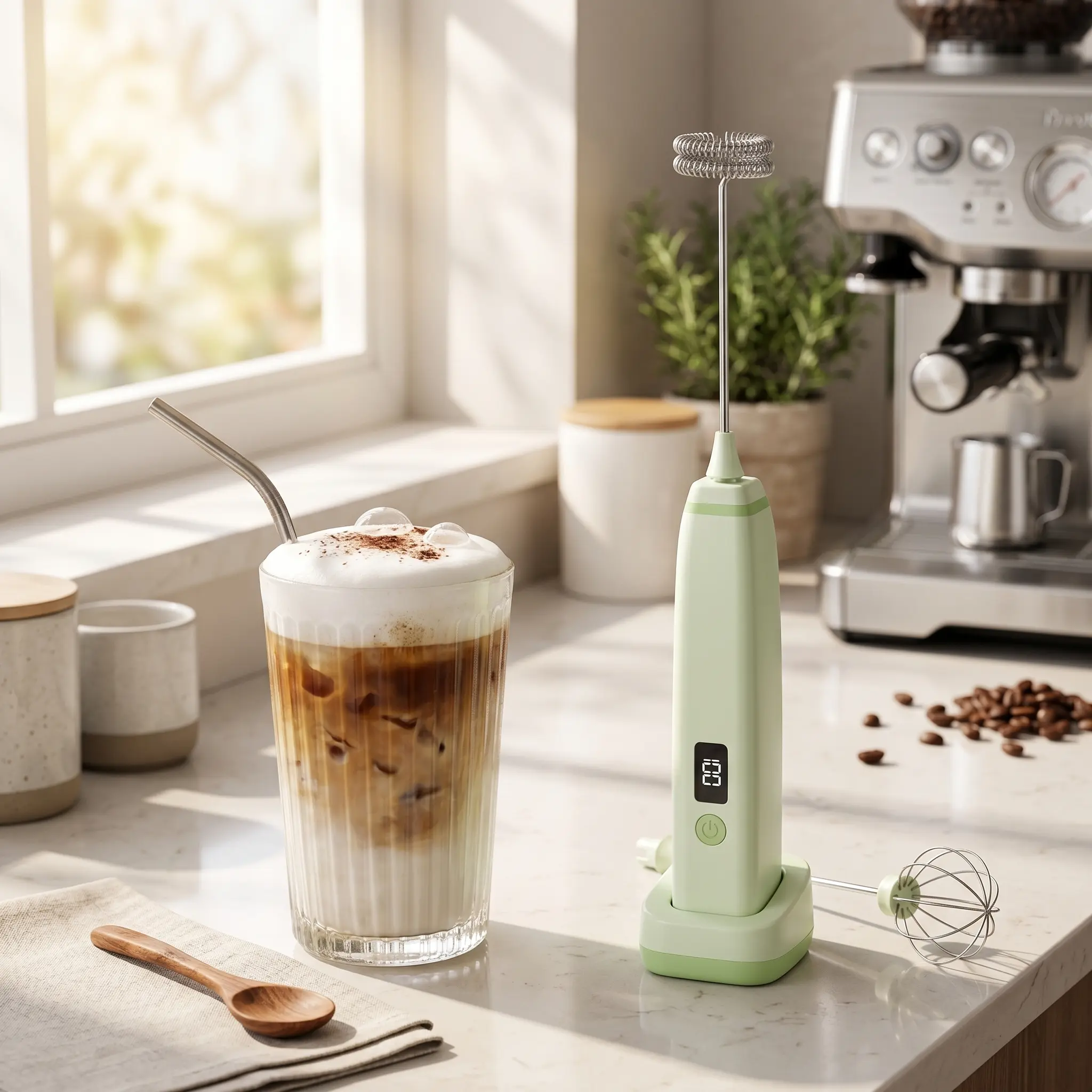 3-Speed Electric Handheld Milk Frother & Egg Beater - USB Rechargeable Coffee Frother with 2 Detachable Whisks for Latte, Matcha, Baking