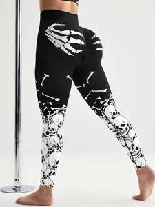 Skeleton Halloween Leggings, Spooky Skeleton Design, Comfortable Stretch Fabric, Perfect For Halloween Parties, Casual Wear, Fitness, Women's Leggings, Yoga Pants, High Waist Hunting Tights, Women's Outdoor Fitness Outfit