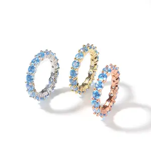 Ocean Blue CZ Eternity Ring - Single Row Colorful Zircon Band | Minimalist Couple Rings for Him & Her