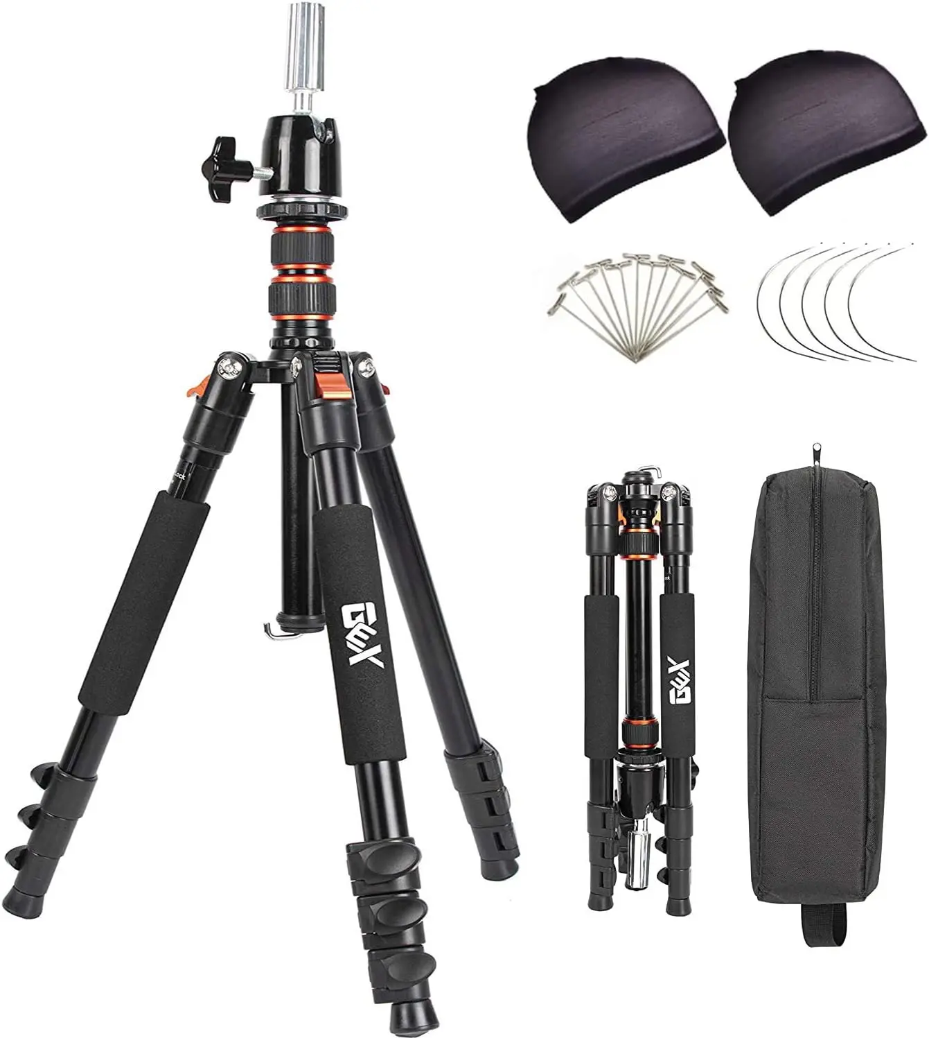 GEXWORLDWIDE 59-in Aluminum Alloy Durable Cosmetology Mannequin Tripod Stand - Lightweight, Adjustable, Multifunctional Wig & Training Doll Manikin Head Canvas Block Accessory (Black, Rubber Footing), Accessories
